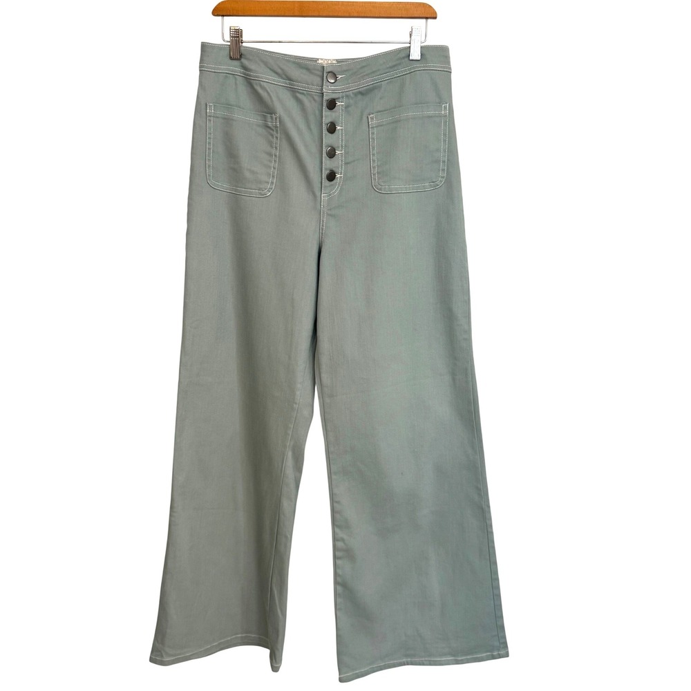 GB Gianni Bini Sage Green Wide Leg Button Fly Contrast Stitch Pants Size 11